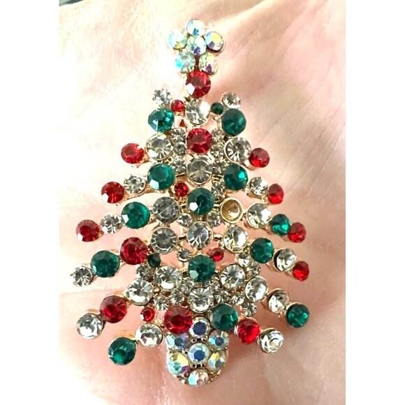 Rhinestone Christmas Tree Brooch Pin New Aurora Borealis Red Green Flow… - Picture 5 of 9